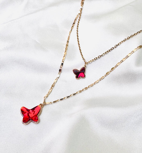 Collar doble caída Mariposas rojas Swaroski línea Jing Jing