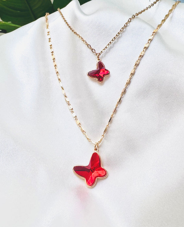 Collar doble caída Mariposas rojas Swaroski línea Jing Jing
