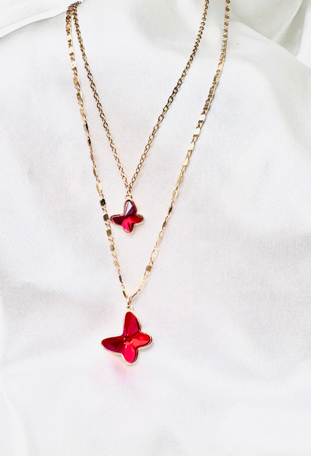 Collar doble caída Mariposas rojas Swaroski línea Jing Jing