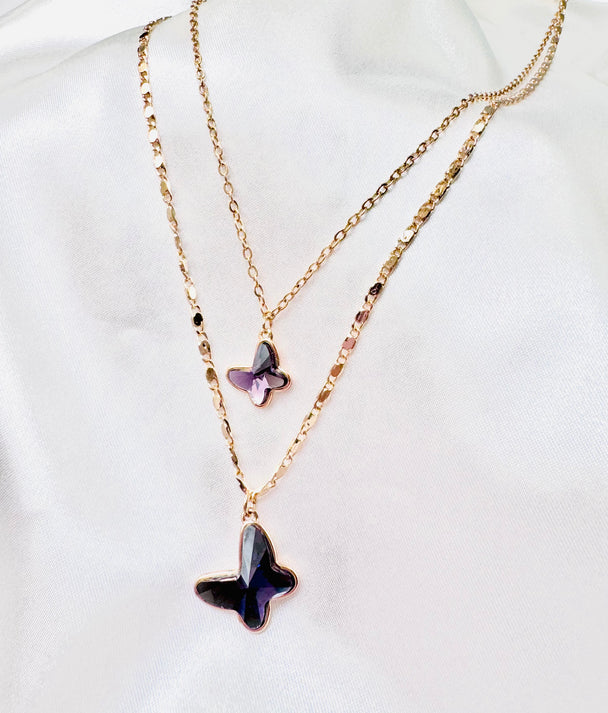 Collar doble caída Mariposa morada Swaroski línea Jing Jing