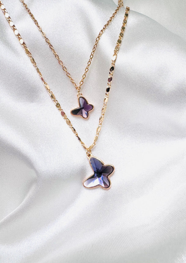 Collar doble caída Mariposa morada Swaroski línea Jing Jing