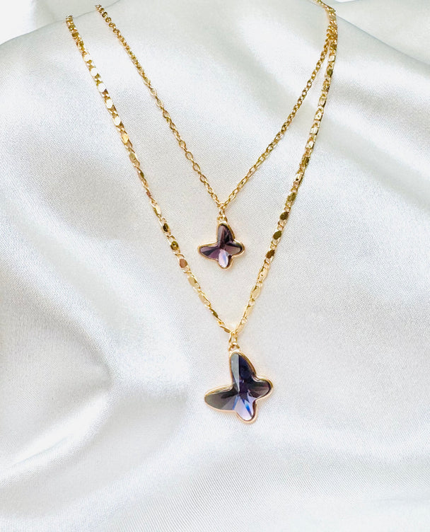 Collar doble caída Mariposa morada Swaroski línea Jing Jing